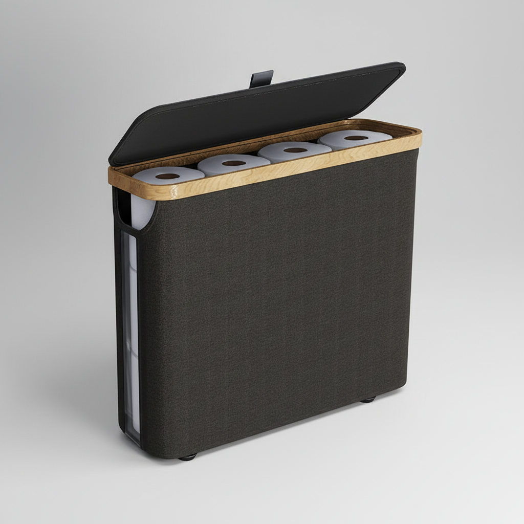 RollKeeper foldable toilet paper holder, waterproof organizer, space-saving bathroom essential.
