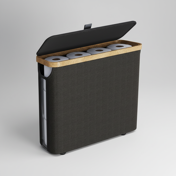RollKeeper foldable toilet paper holder, waterproof organizer, space-saving bathroom essential.