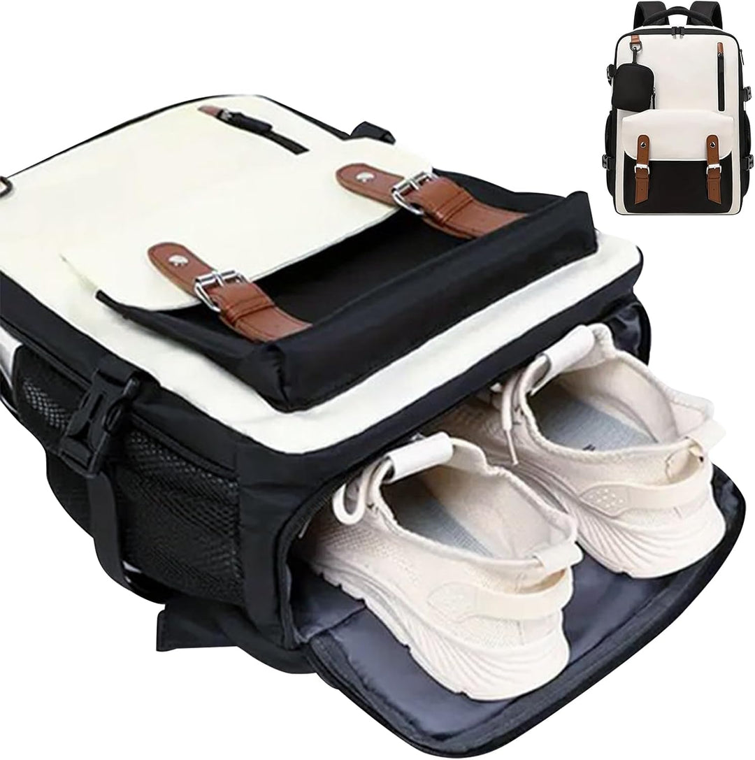 Large capacity waterproof travel backpack in gray, expanded. Ideal for long trips and hiking adventures.