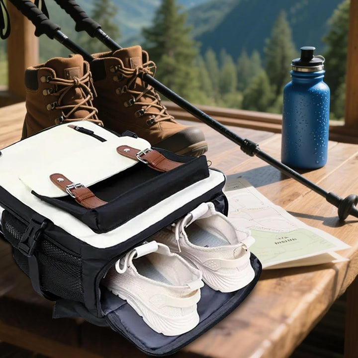 Durable waterproof black backpack for travel, showing side pocket detail. Great for business or leisure.