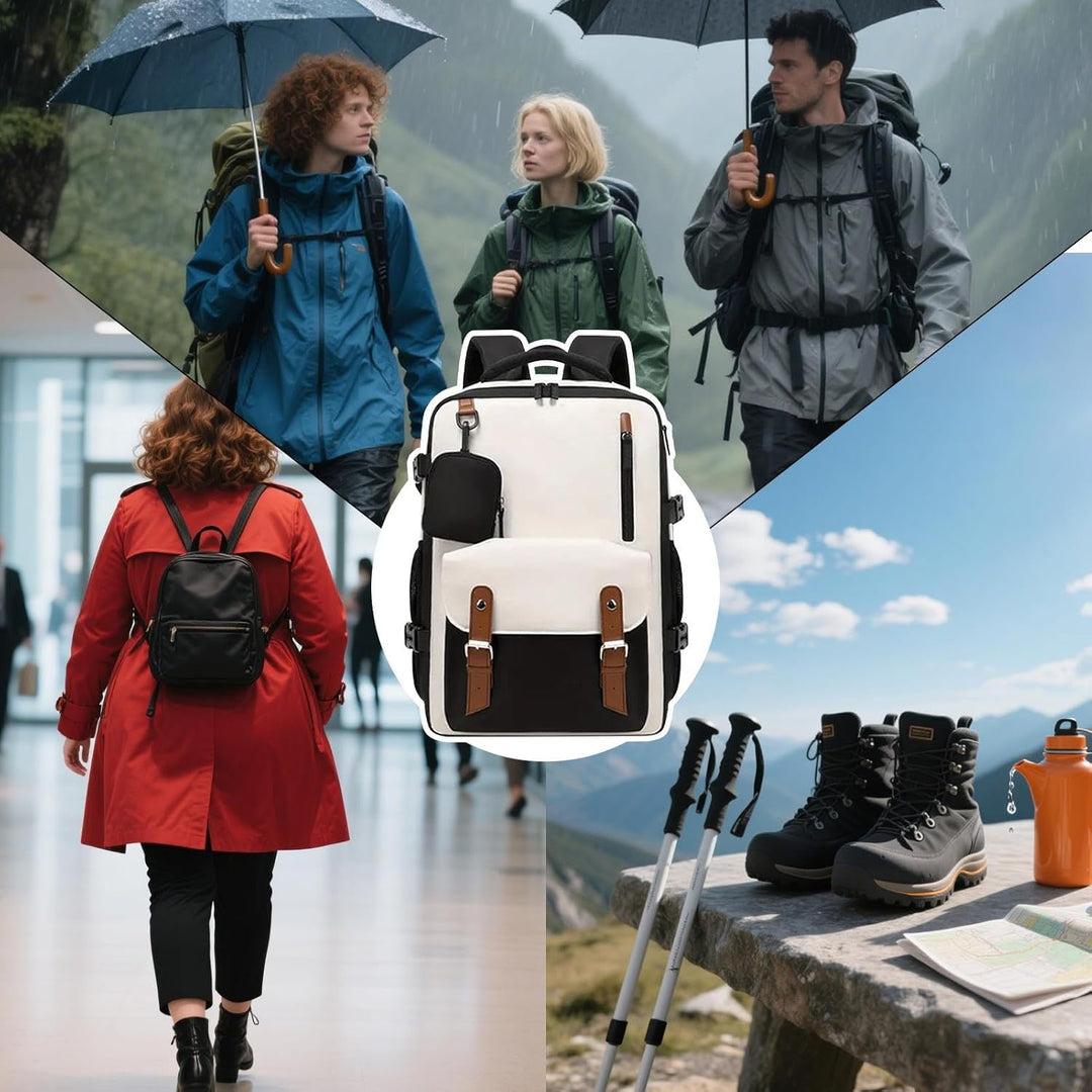 Main compartment view of a large capacity travel backpack, organized for essentials. Suitable for hiking.