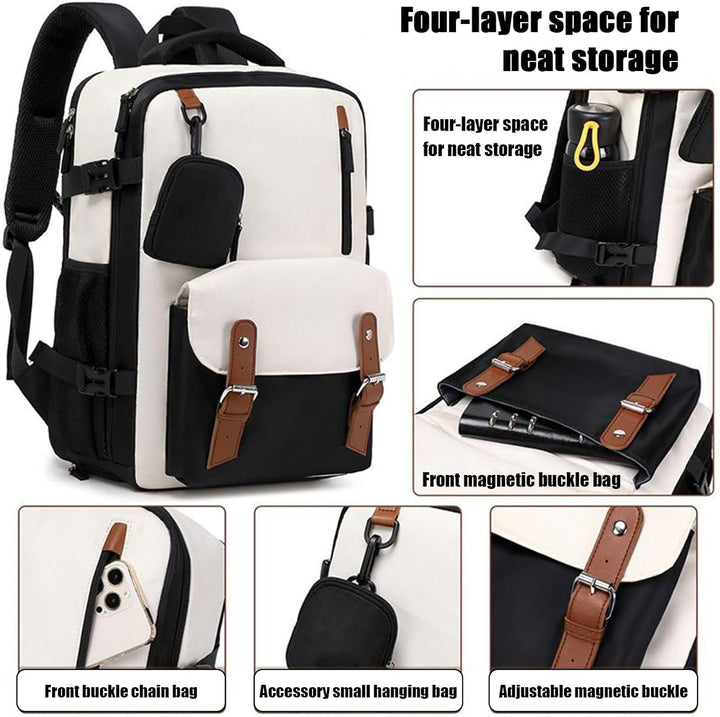 Expandable travel backpack worn by a person, demonstrating its comfortable fit and spacious design for travel.