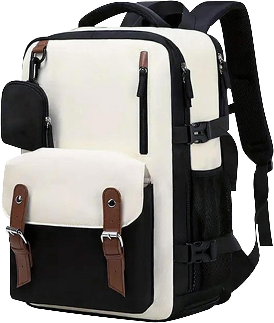 Detail of the zipper and adjustable straps on a large capacity travel backpack, emphasizing ergonomic design.