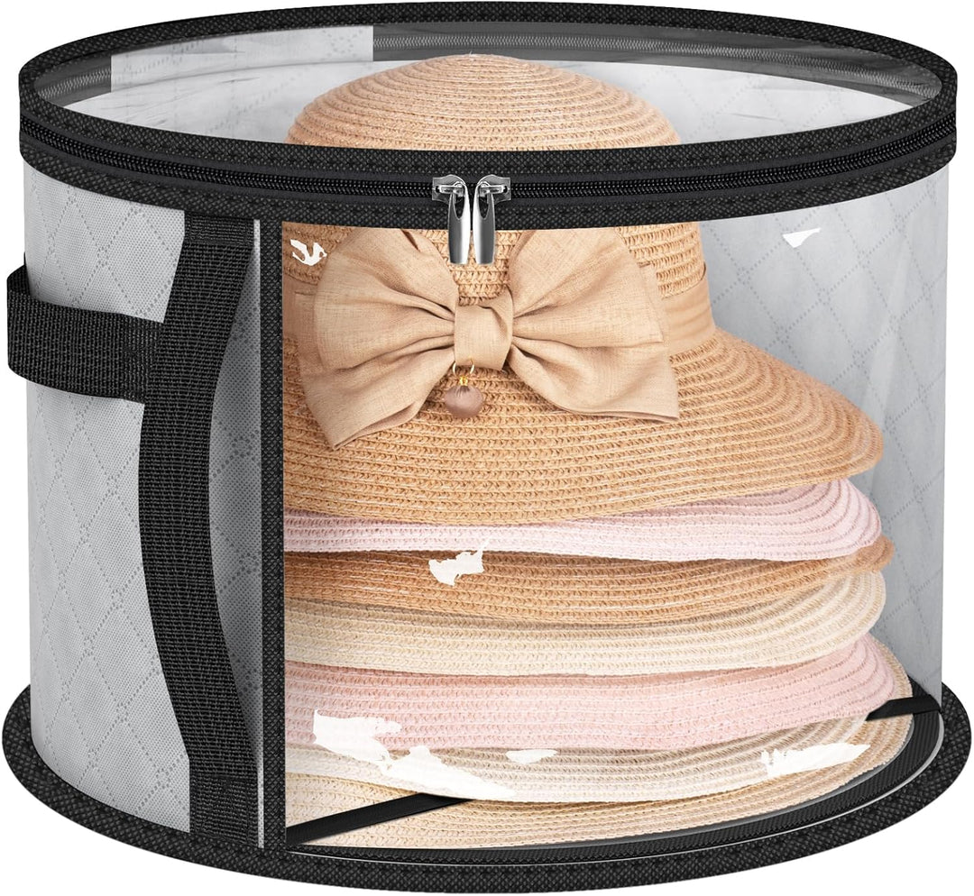 Large clear hat storage case with handles, perfect for wide-brim hats, shown in home storage.