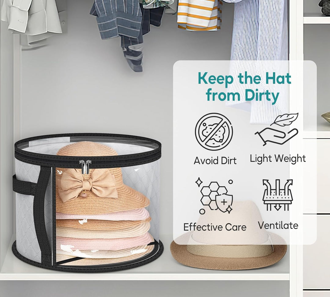 Dustproof hat storage solution, a large clear organizer with handles, for versatile hat protection.