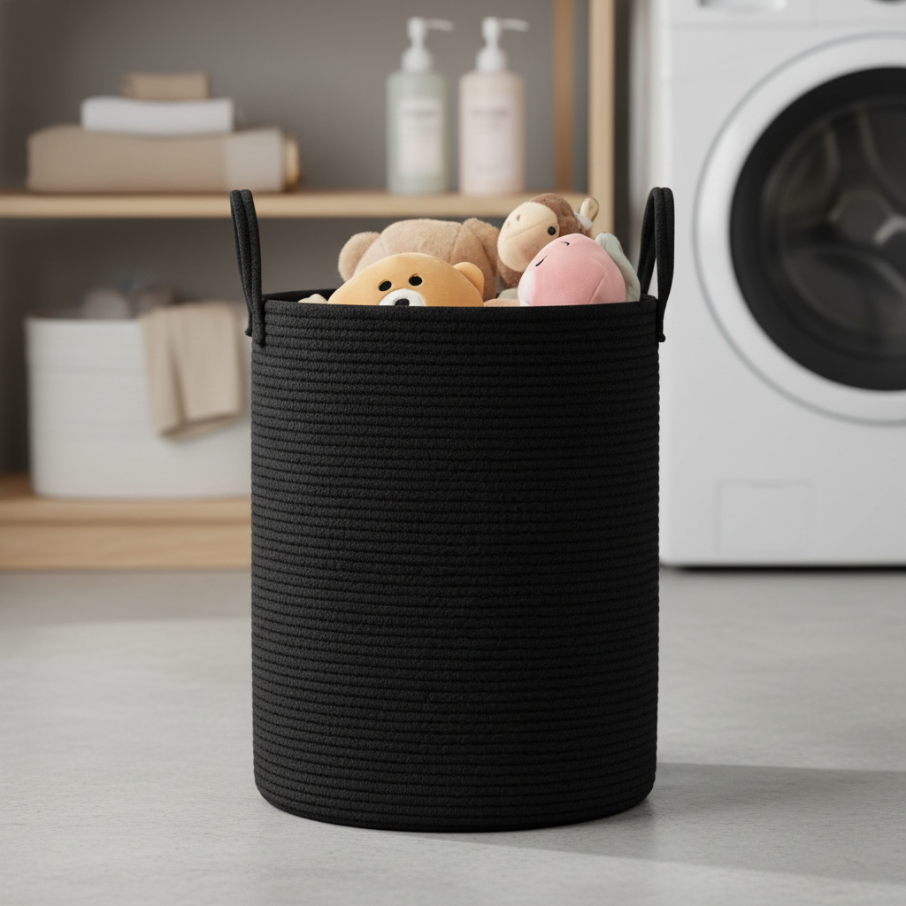 Large cotton rope storage basket, minimalist design, perfect for laundry or toy storage in a living room.
