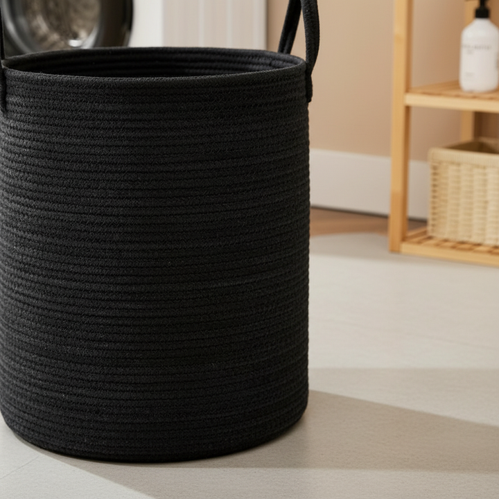 Stylish large cotton rope hamper, versatile storage solution for laundry room or kids' toy organization.