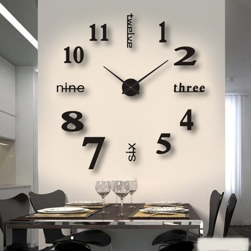 Large DIY wall clock with black adhesive numbers for modern home decor. Silent, customizable acrylic clock.