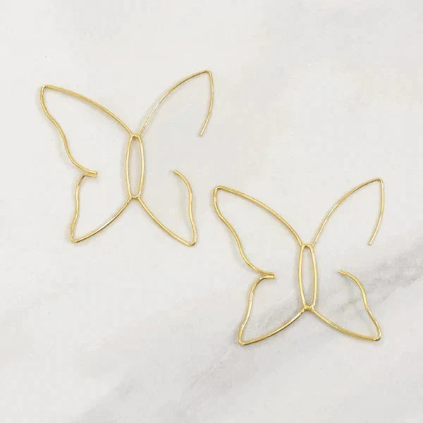 Fashionable women's gold butterfly dangle earrings, striking large jewelry perfect for gifting.