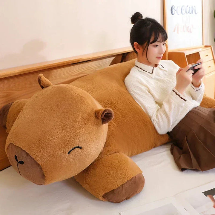 Large fluffy capybara plushie, ideal snuggle buddy for comfort & relaxation.