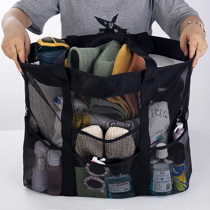 Unisex large mesh beach tote bag with 9 pockets for organized family outings, travel, and pool days.