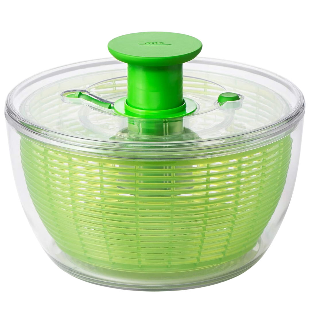 Large green salad spinner with clear bowl, ideal for drying fresh produce like lettuce and vegetables.