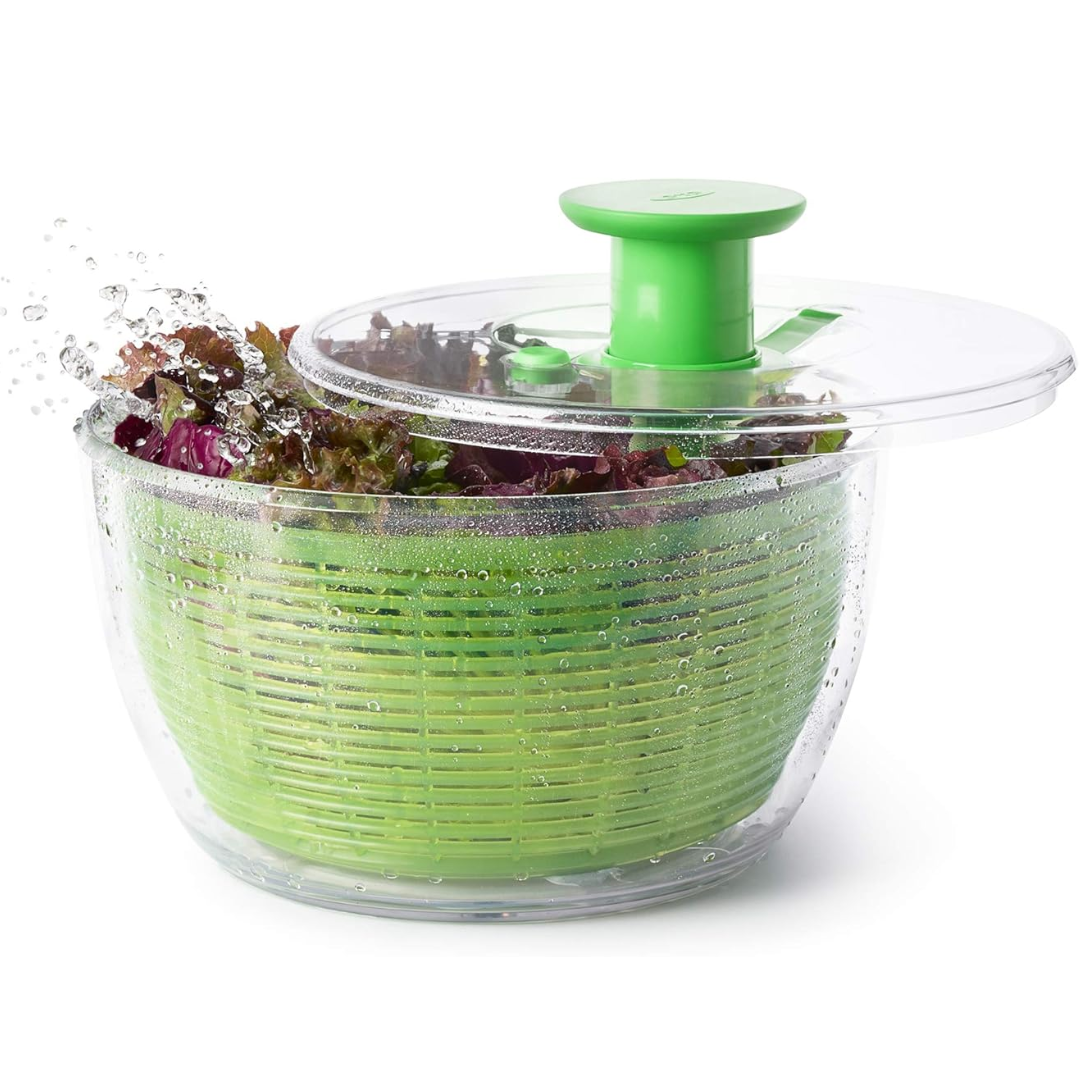 A large salad spinner showing its robust design, perfect for daily use as a vegetable drier.