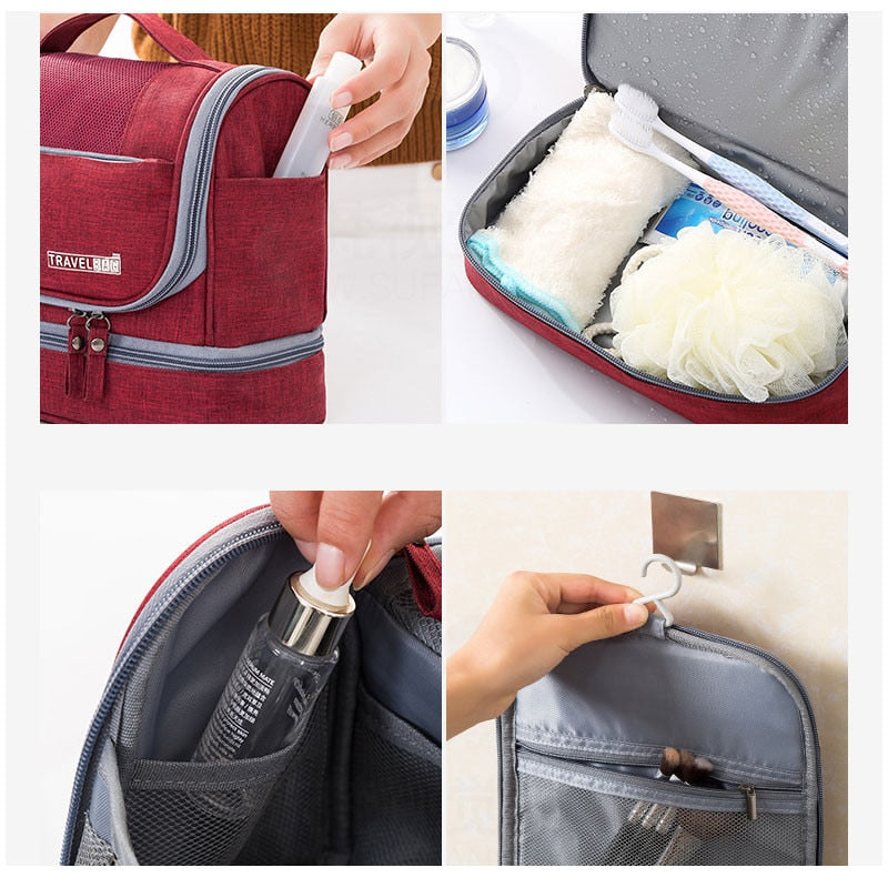 Open large toiletry bag showing various mesh pockets and zippered sections for toiletries