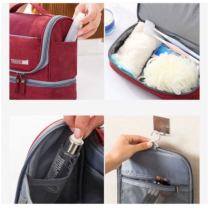Open large toiletry bag showing various mesh pockets and zippered sections for toiletries