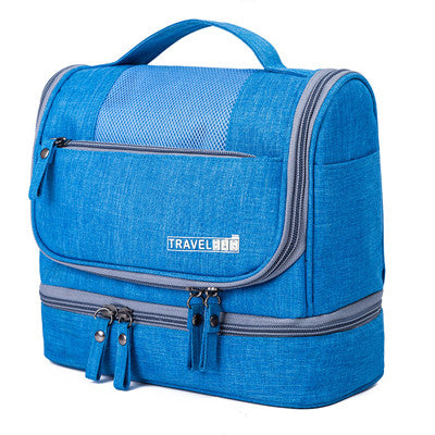 Close-up of the durable fabric and strong zipper on a large capacity hanging toiletry bag