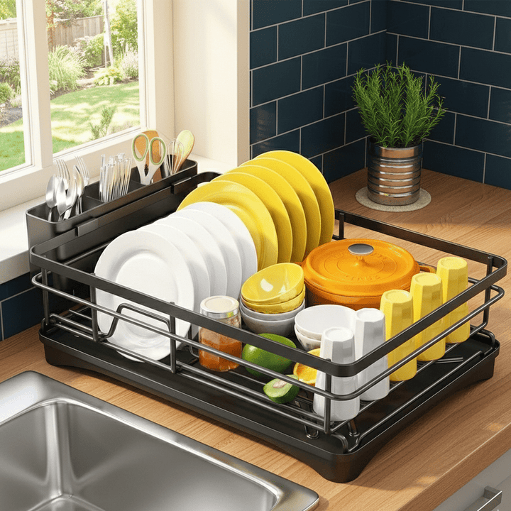 Large kitchen dish drying rack with integrated drip tray, ideal for countertop organization.