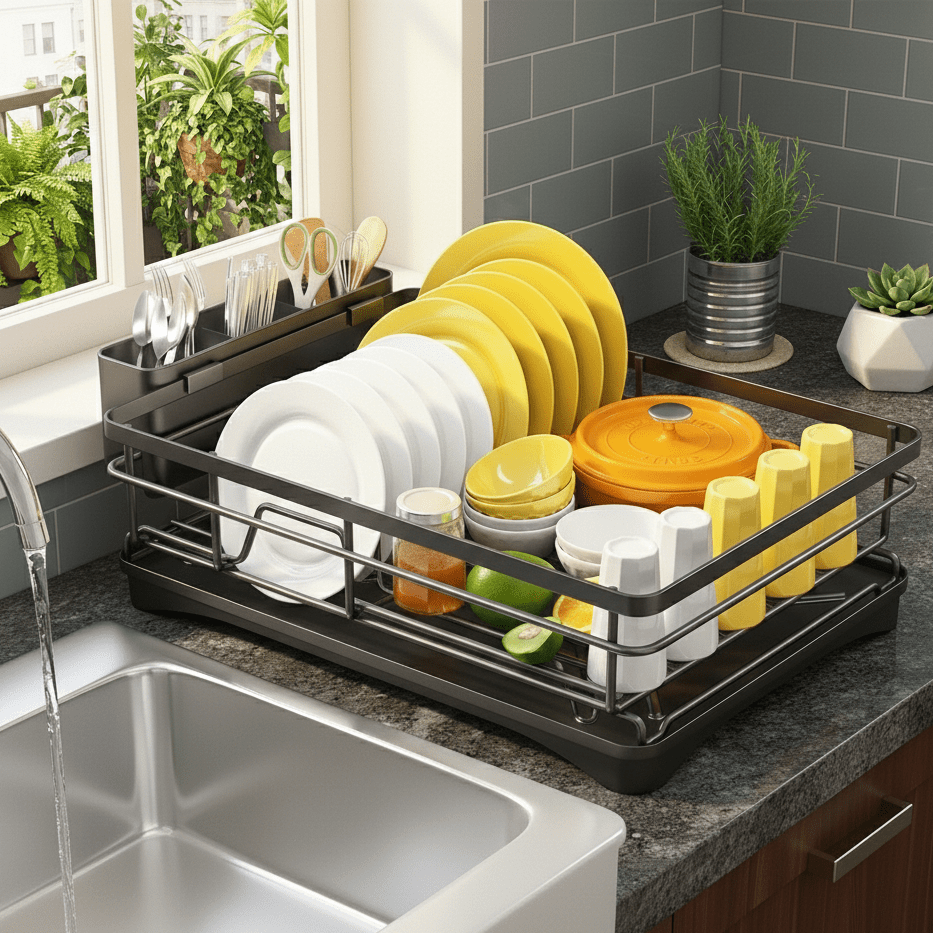 Keep kitchen countertops dry & organized with this large dish drying rack and built-in drip tray.