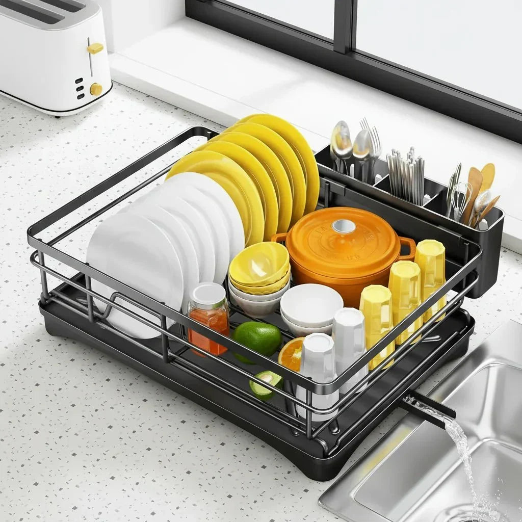 Countertop kitchen dish drying rack, large capacity for optimal dishware organization & water collection.