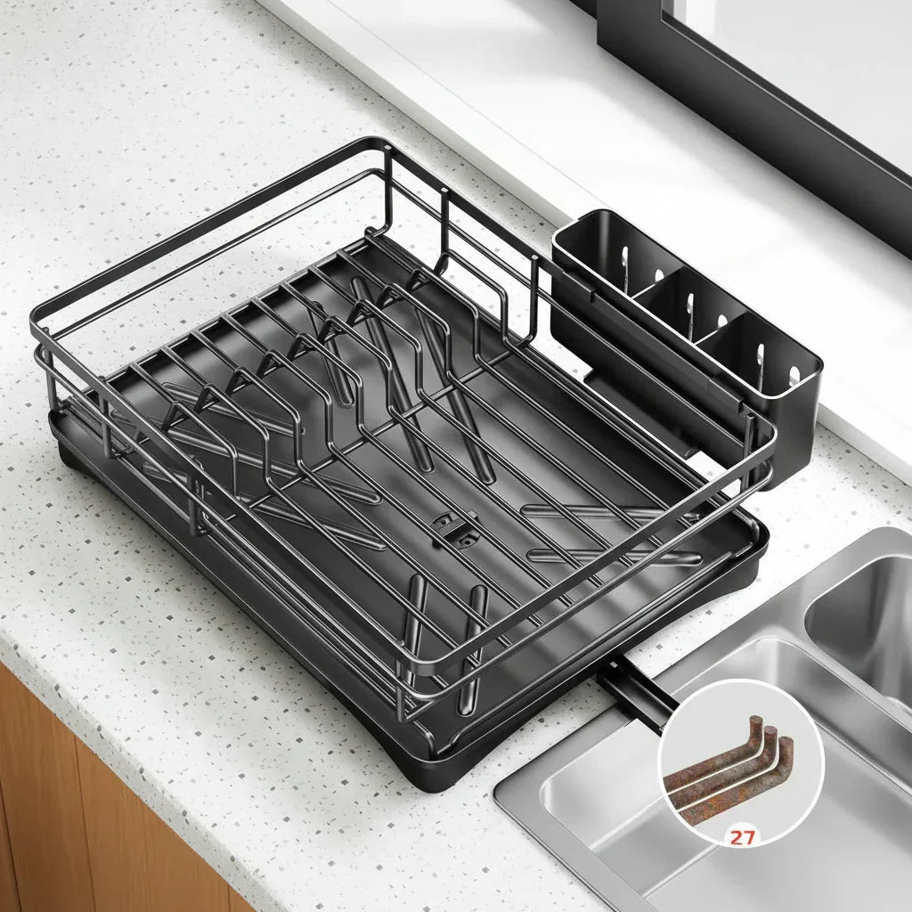Heavy-duty large dish drying rack with integrated drip tray, essential for busy kitchen dishwashing.