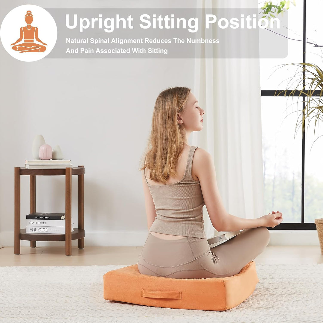 Comfortable square meditation cushion, perfect for yoga, floor sitting, & home decor.