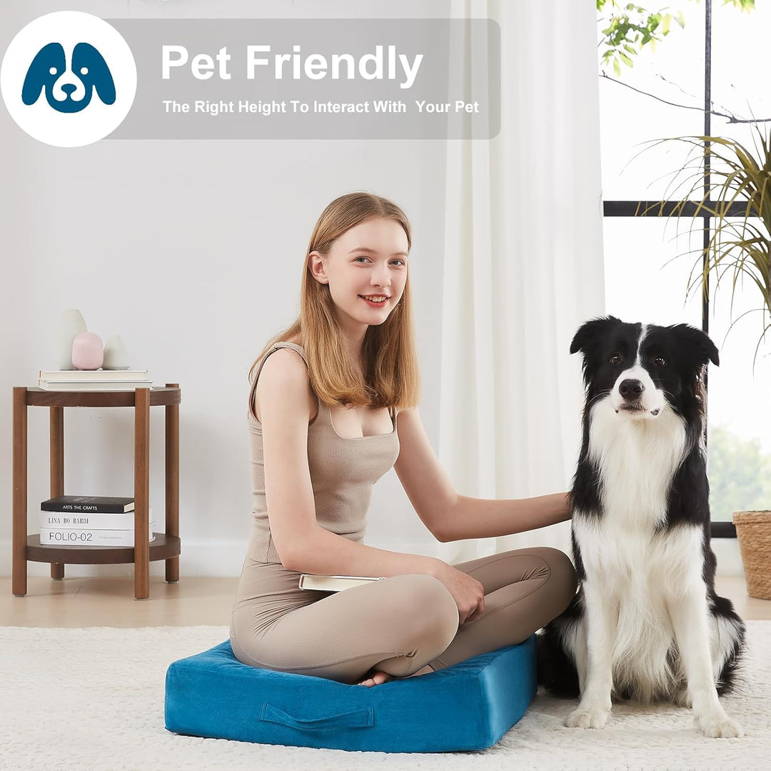 Oversized floor pillow for meditation, yoga & relaxation. Soft, durable fabric cover.