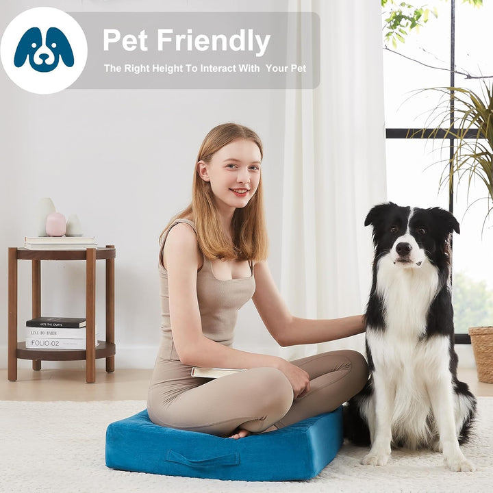 Oversized floor pillow for meditation, yoga & relaxation. Soft, durable fabric cover.