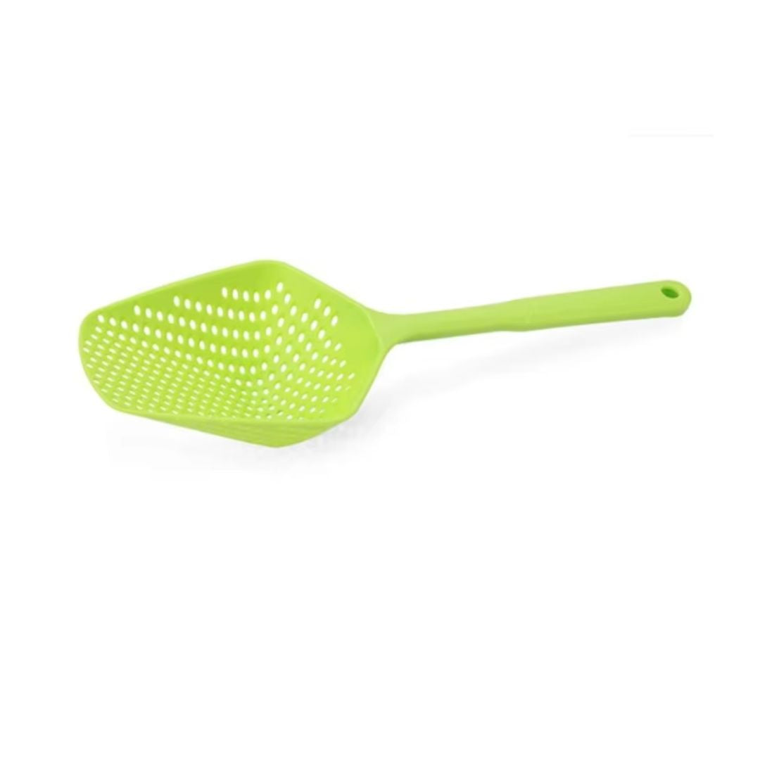 Large kitchen draining spoon in action, scooping pasta from a pot. Essential ladle for cooking & serving.