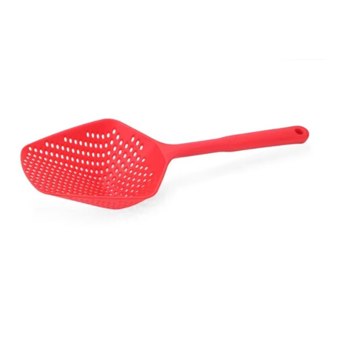 Ergonomic large polypropylene spoon with integrated draining holes. A multi-use kitchen utensil for cooking & serving.