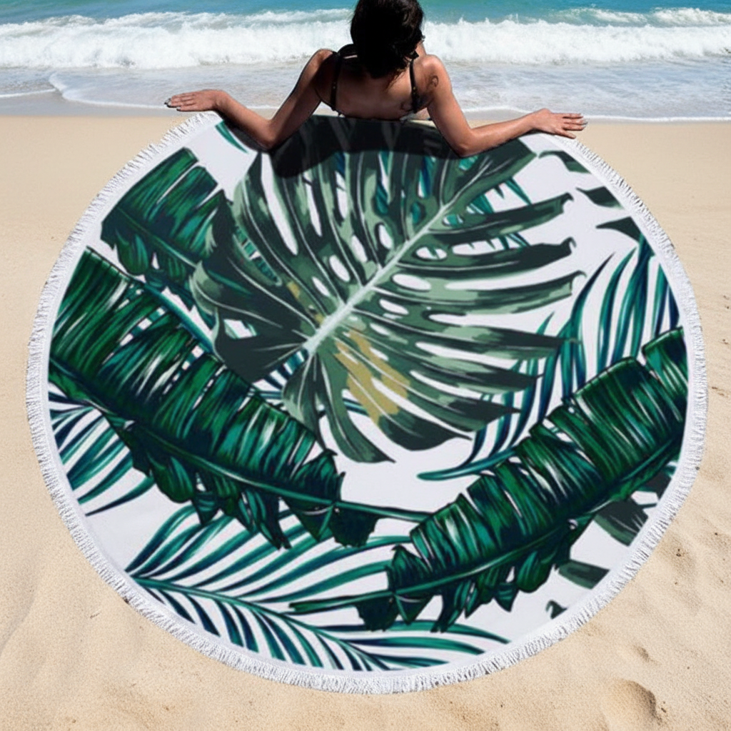Large round 'SunnySpot' beach towel, vibrant and perfect for summer outdoor relaxation.