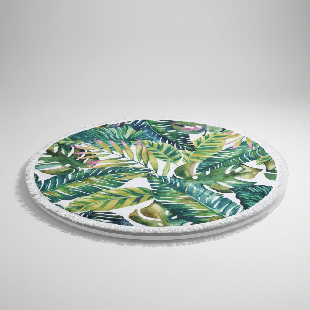 Large 'SunnySpot' round beach towel, an essential summer accessory for sun and sand.