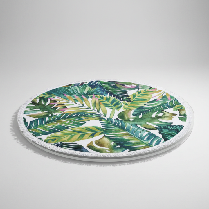 Large 'SunnySpot' round beach towel, an essential summer accessory for sun and sand.
