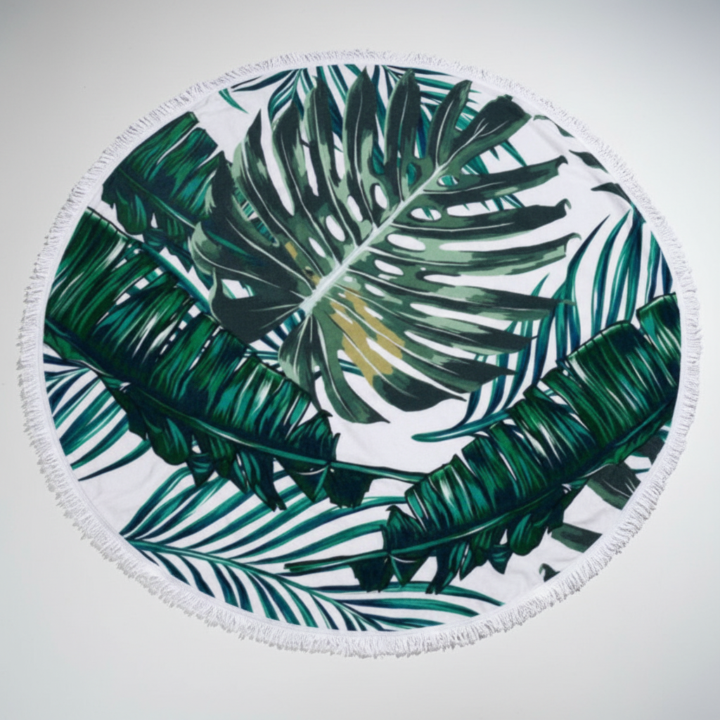 Colorful 'SunnySpot' round outdoor towel, excellent for beach days or picnic adventures.