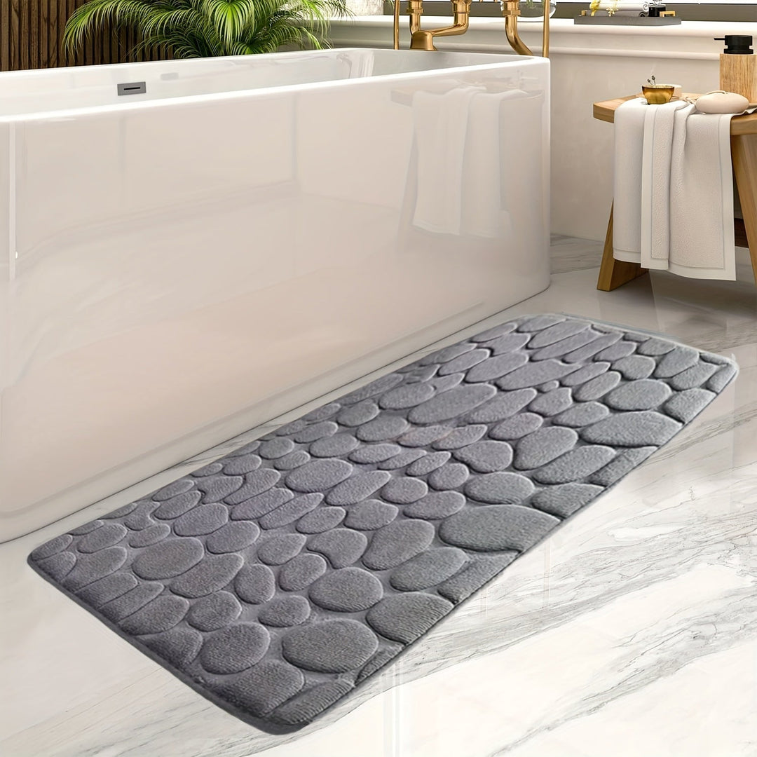 Large striped non-slip bath mat for bathroom comfort. Absorbent polyester floor mat, great home decor.