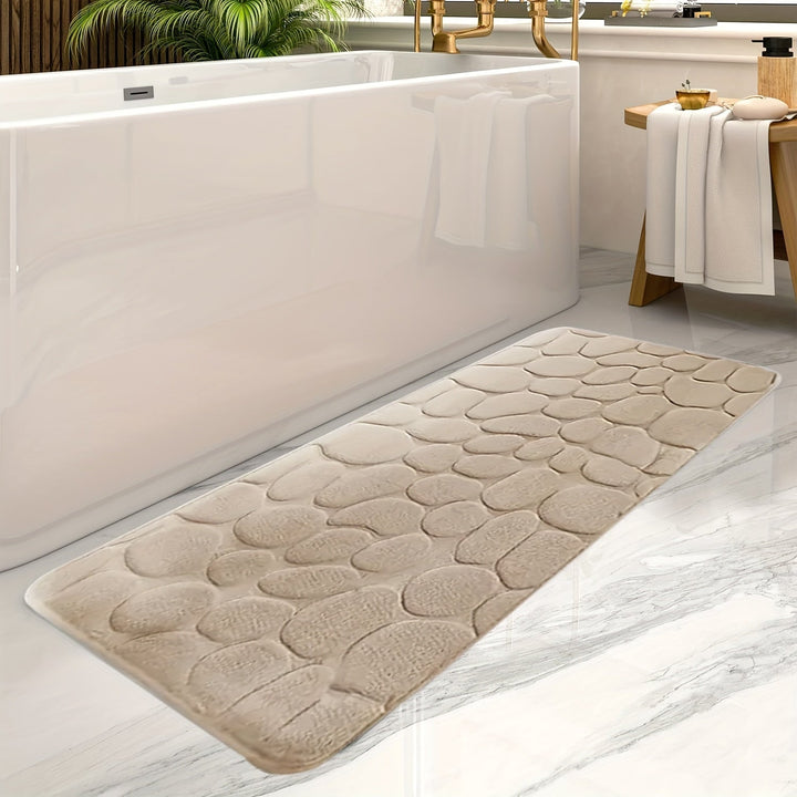 Modern striped large bath mat, non-slip for bathroom safety. Soft, absorbent polyester floor decor for comfort.