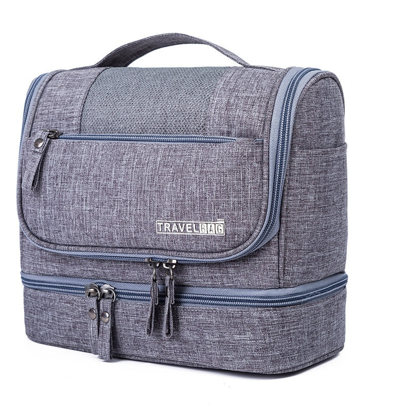 Large unisex hanging toiletry bag organizer with multiple compartments for travel essentials.