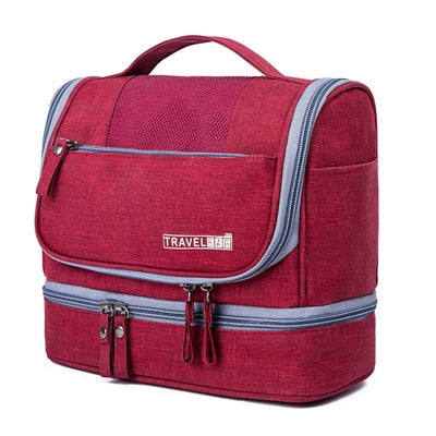 Spacious travel toiletry bag with multiple zippered compartments and a convenient hanging hook design.