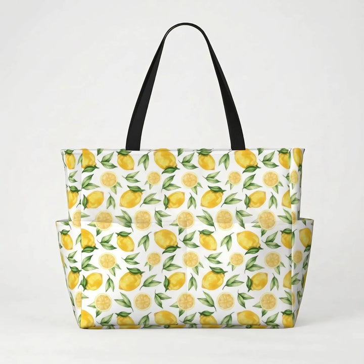 Back of large women's tropical lemon print beach tote bag, showcasing full vibrant design & sturdy construction.