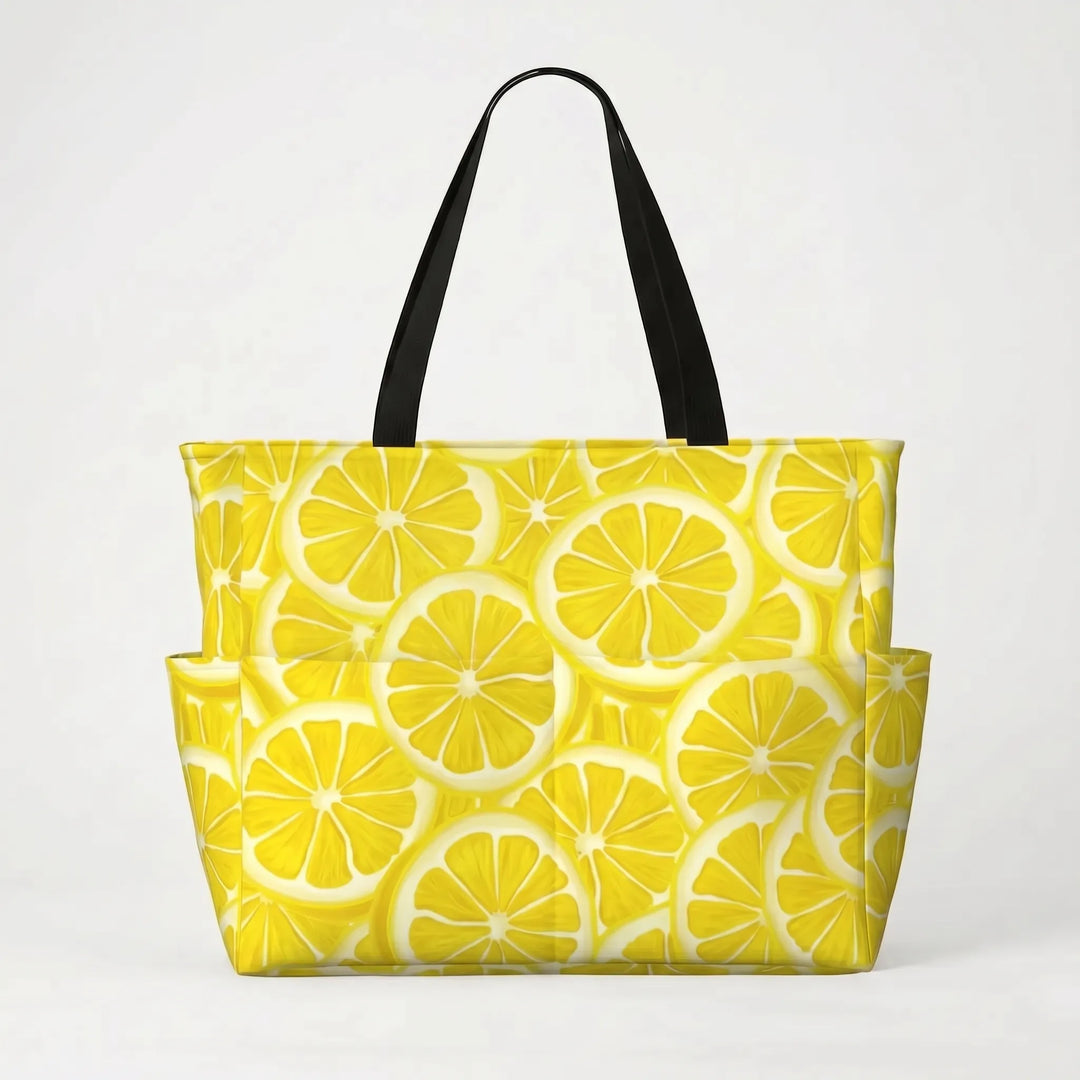 Foldable large women's tropical lemon print tote bag, compact for easy packing & travel. Space-saving design.