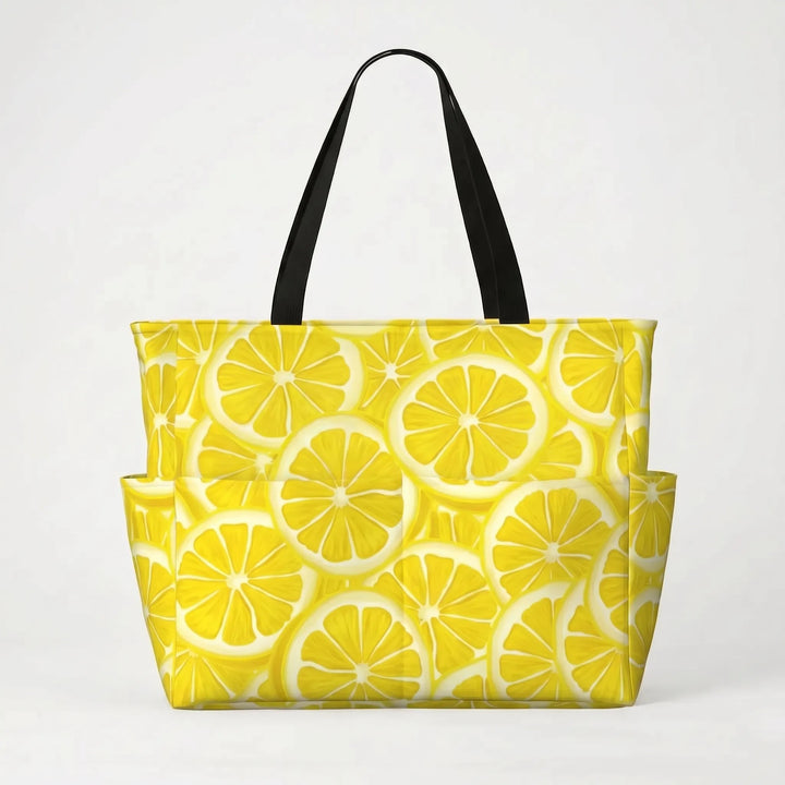 Foldable large women's tropical lemon print tote bag, compact for easy packing & travel. Space-saving design.