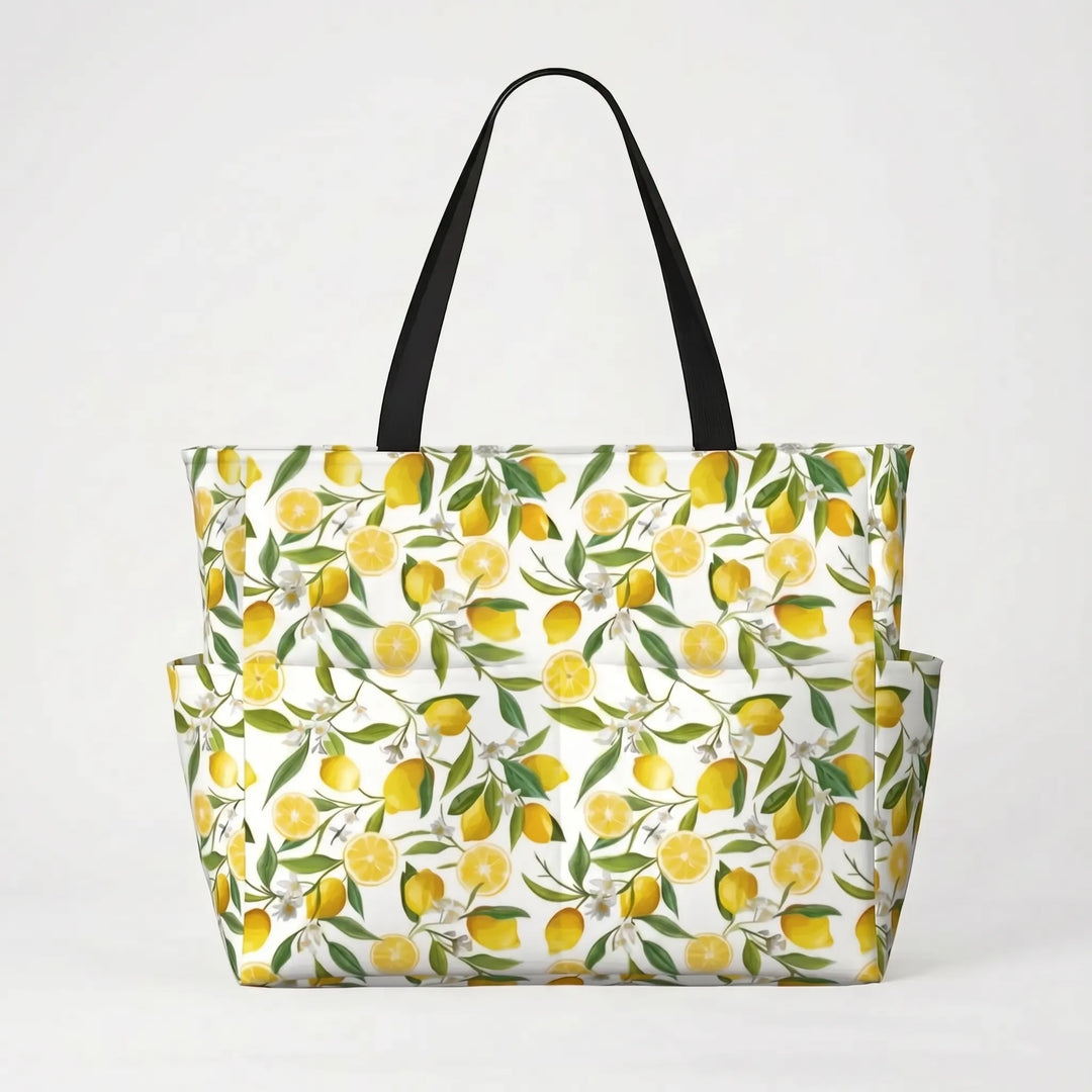 Side view of a large capacity tropical lemon print women's beach tote bag, great for shoppers & travelers.
