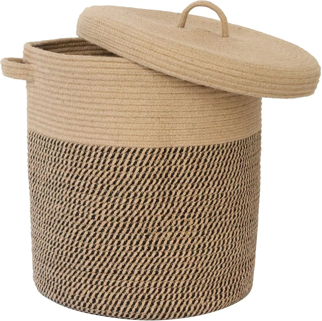 Large woven cotton laundry basket with lid, 60L, for home storage & decor
