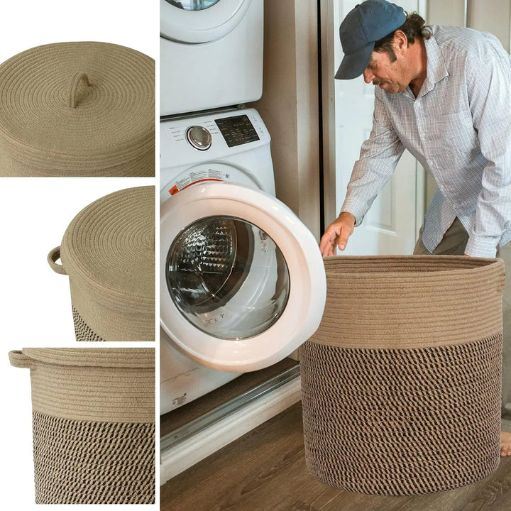 Stylish 60L cotton woven basket with lid, perfect for laundry and home decor