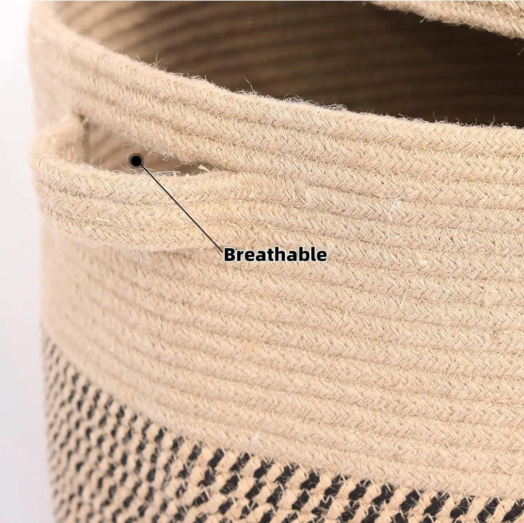 Close-up of woven cotton texture on 60L storage basket with a fitted lid
