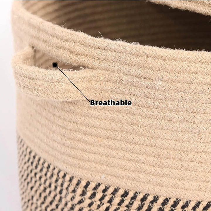 Close-up of woven cotton texture on 60L storage basket with a fitted lid