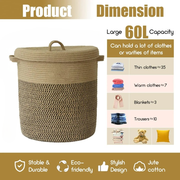 Versatile 60L woven cotton laundry and storage basket, a chic home organizer