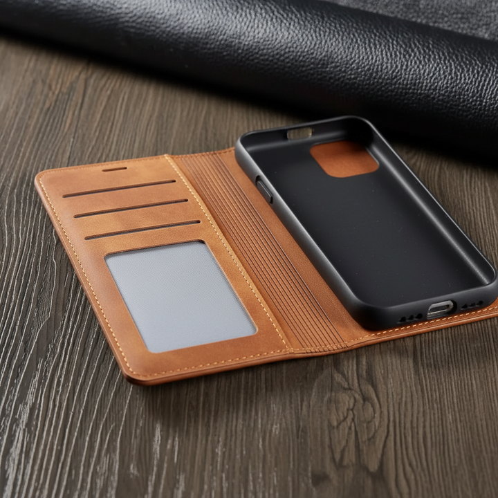 Unisex protective leather flip case for iPhone, rich brown, with multiple card slots visible