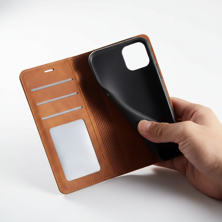 Stylish brown leather folio phone case with magnetic closure and card holder compartment