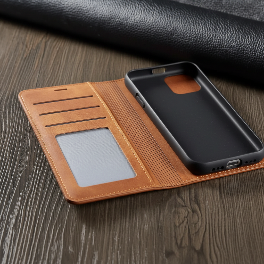 Premium black leather flip cover for iPhone offering protection and card storage
