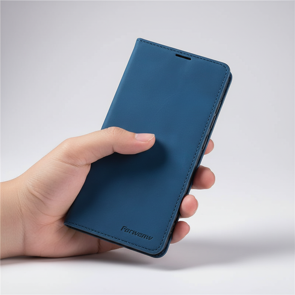 Protective leather phone case in a folio design with convenient card holder feature